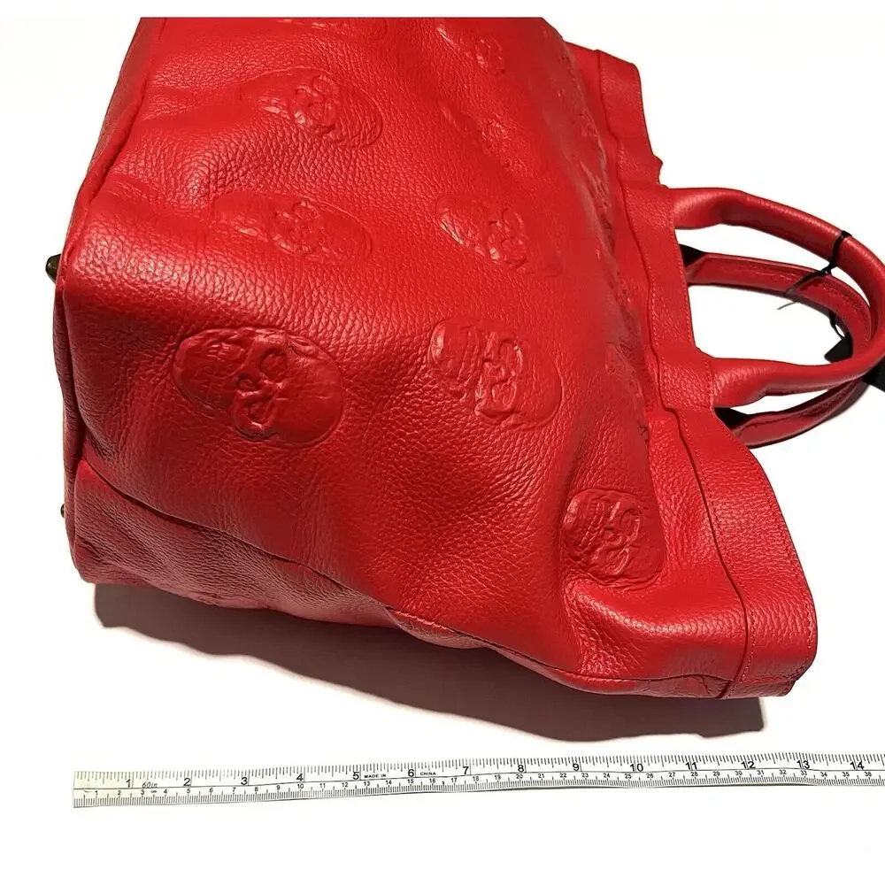 IO PELLE Italia Skull Embossed RED Leather Tote Bag XL Weekender Crossbody Strap